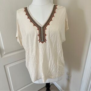 J. Jill Cream V-Neck Top Embroidery Kimono Boxy Shirt Linen Blend